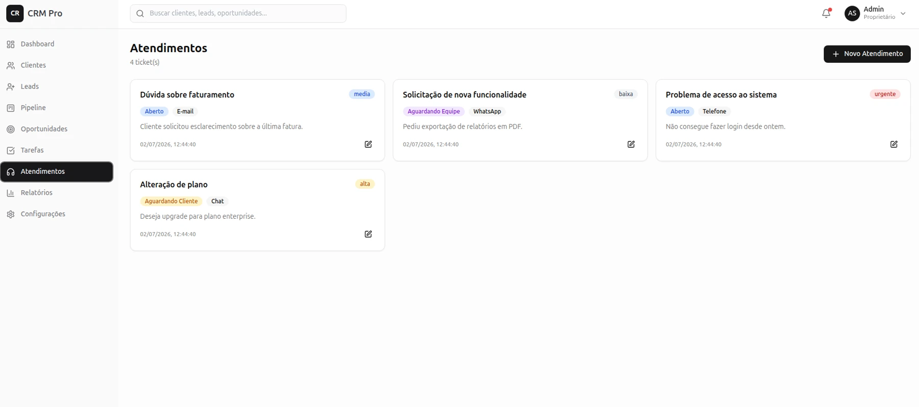 Tela de atendimentos de um CRM personalizado com tickets por canal (WhatsApp, e-mail, telefone), prioridade e status