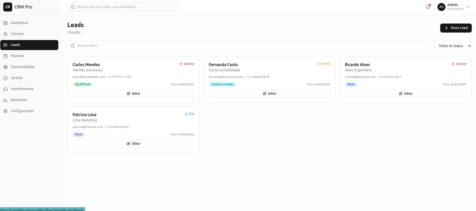 Tela de gestão de leads em um CRM personalizado com classificação quente, morno e frio, status e data do próximo contato